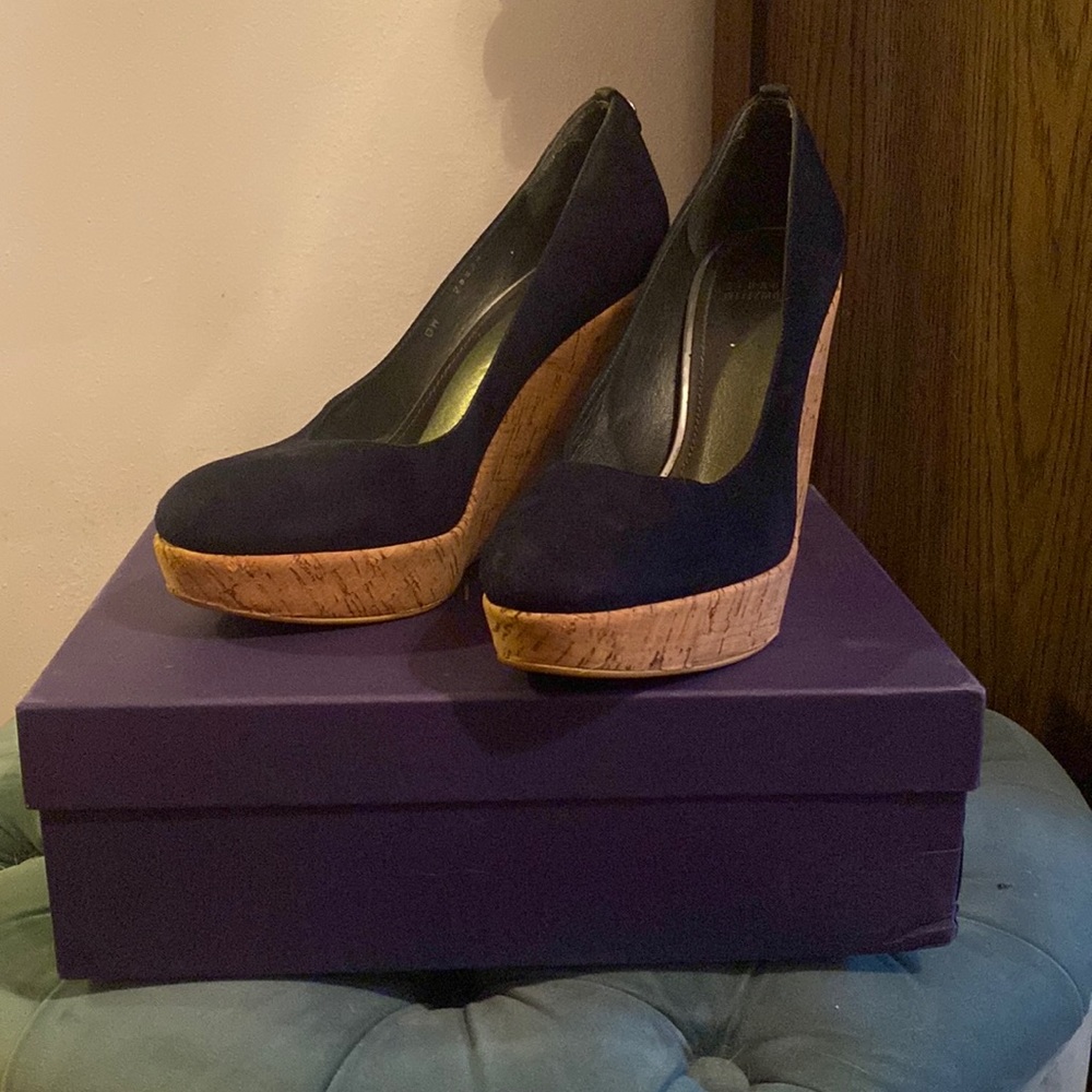 Stuart Weitzman Navy Suede Corkswoon Wedge Size 8.5